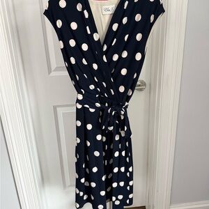 Eliza J Navy and White Polka Dot Faux Wrap Midi Dress
